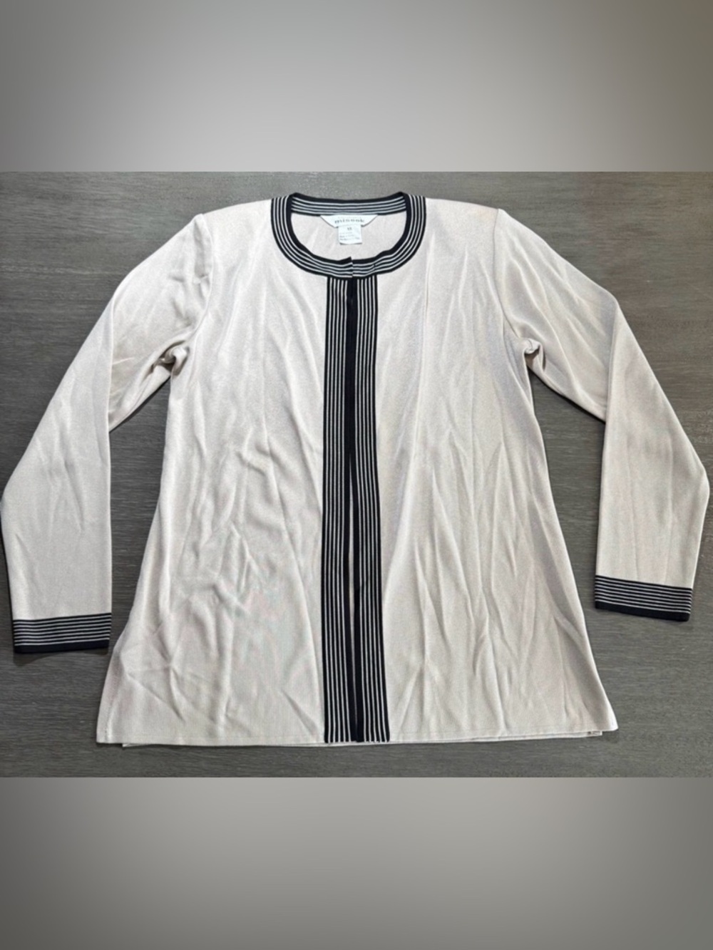 Misook Tan Beige Black Striped Designer Sweater Cardigan XS